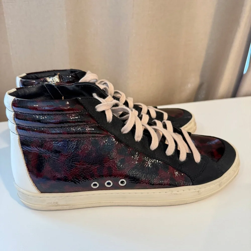 P448 Skate Burgundy Leopard Patent Leather High Top Sneakers Mens 38 Black Suede